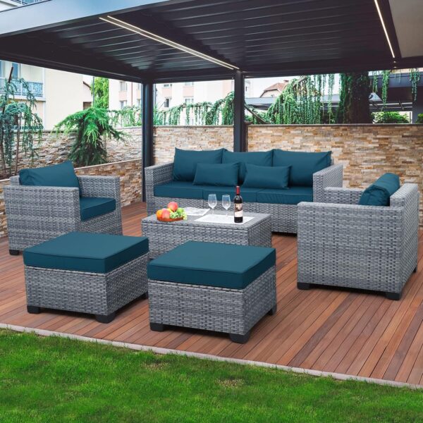 6 Pieces Wicker Patio Furniture Sets Outdoor Conversation Set PE Rattan Sectional Sofa Couch with Storage Table and Peacock Blue Cushions