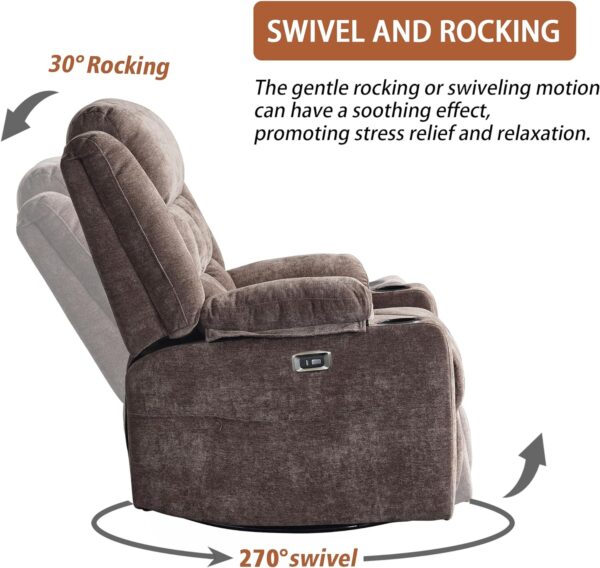 Power Swivel Rocker Recliner Massage Chair, USB and Type-C Ports, Electric Recliner Glider Reading Chairs Living Room, Upholstered Soft Fabric Reclining Sofa Chair (Fabric Coffee) - Image 3