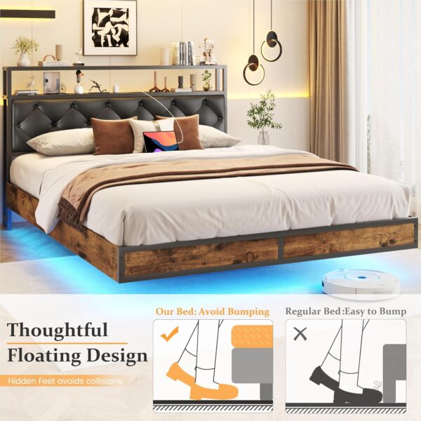HISOFT Floating Queen Bed Frame with 2-Tier Storage Headboard, Metal Queen Bed Frame with Charging Station & LED, Faux Leather, No Box Spring Needed, Noise Free, Easy to Assemble, Black Diamond - Image 4