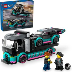 LEGO City Race Car and Car Carrier Truck Toy Playset, Vehicle Transporter with Adjustable Loading Ramp and Race Car Toy, Racer and Driver Minifigures, Fun Gift for Kids Ages 6 and Up, 60406