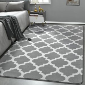 Large Geometric Modern Area Rug for Living Room Bedroom, 5x8 ft Plush Moroccan Bedroom Rugs Kids Rugs for Playroom Soft Throw Carpets for Office Dining Room Decor, Light Grey & White