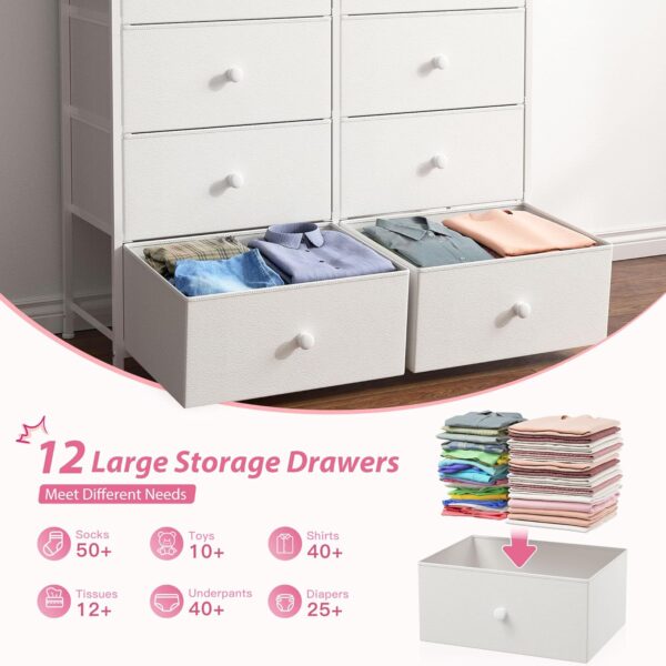 EnHomee White Dresser, Dresser for Bedroom, Tall Dresser with 12 Large Drawers Fabric Dressers & Chests of Drawers for Bedroom,Living Room, Entryway, Wooden top & Metal Frame - Image 4