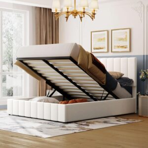 Merax Upholstered Gas Lift Up Storage Platform Bed : Queen Size Bed with Tufted Headboard Wooden Slat Support and Under Bed Storage,White