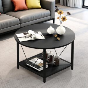 YITAHOME Coffee Tables for Living Room, Round Coffee Table, Small Coffee Table with Storage, 2 Tier Modern Coffee Table, Wood Circle Center Table with Metal Frame, Gray