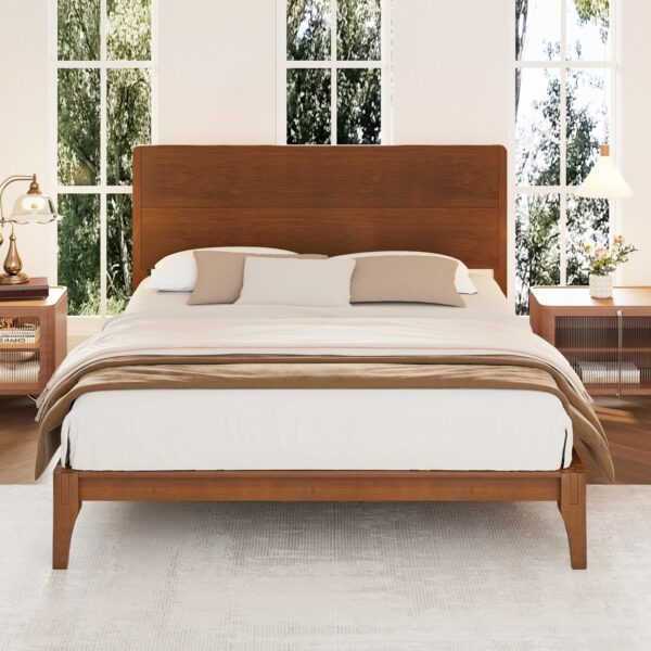 Merax King Size Bamboo Platform Bed, Mid-Century Modern Bed Frame with Tall Headboard, Wood Slat Support, No Box Spring Needed, Easy Tool-Free Assembly, Brown - Image 5