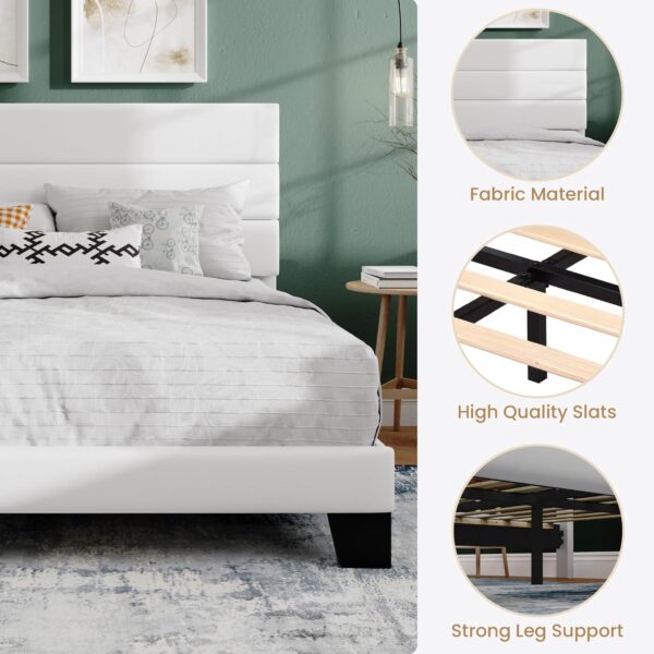 SHA CERLIN King Platform Bed Frame with Velvet Upholstered Headboard, Mattress Foundation with Strong Wooden Slats Support, No Box Spring Needed, White - Image 7