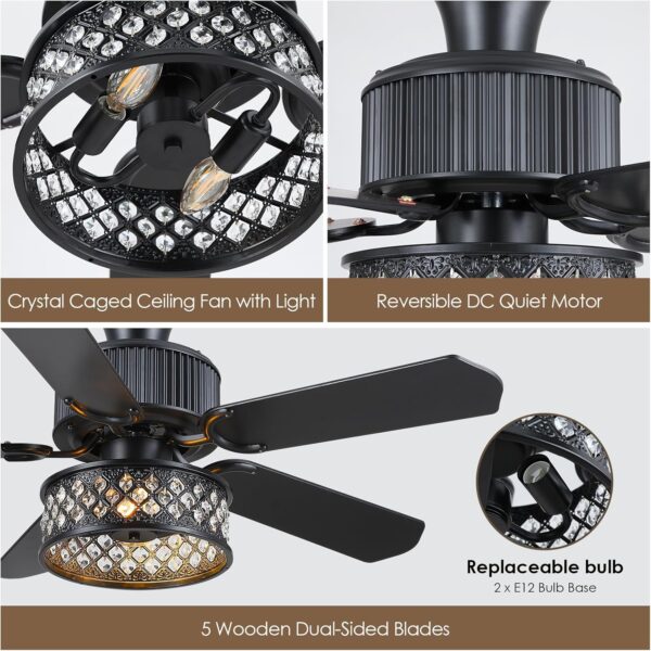 Danilong 42" Ceiling Fans with Lights and Remote, Retro Low Profile Flush Mount Ceiling Fans with Crystal Cage, 6 Speeds Reversible Dual Finish Wooden Blades Fandelier for Kitchen Bedroom Dining Room - Image 6