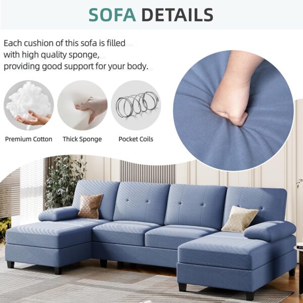 JAMFLY Sectional Sofa Couches for Living Room, U Shaped Couch Sofas Living Room Furniture Sets Clearance with Double Chaises, Blue - Image 6