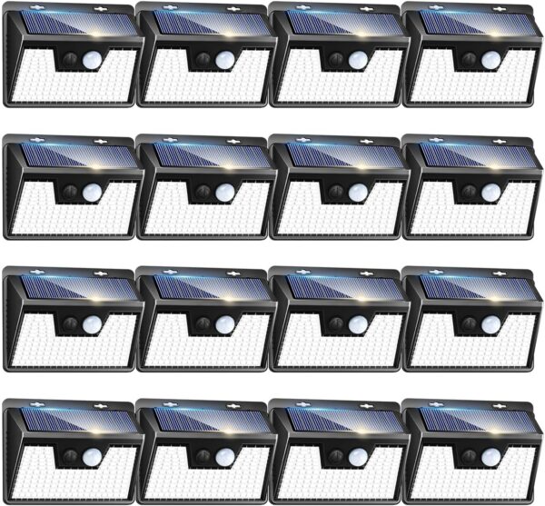 Peasur Solar Powered Lights Outdoor, 140LED 16Pack Motion Sensor Light Outside, IP65 Waterproof Fence Security Lighting with 3 Modes for Yard Wall Garden Cool White