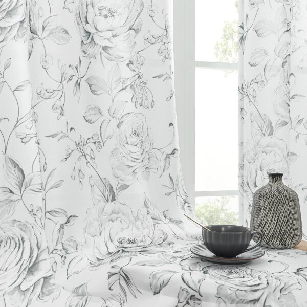 Beauoop Light Filtering Window Curtains 63 Inches Long Rose Floral Botanical Print Panels Vintage Classical Canvas Drapes for Bedroom/Living Room/Kitchen Grommet Window Treatment, 52"W, Gray(2 Panels) - Image 6