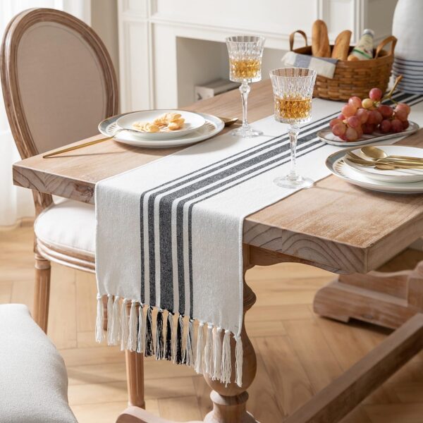 Caflife Boho Table Runner for Modern Farmhouse Decor, Dining Table décor 13 x 72 Inch Long, Coffee Table Runner with Handcrafted Tassels, Black and Beige Stripe Table Runner for Home Boho décor - Image 2