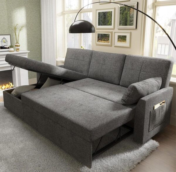 VanAcc Sleeper Sofa, Sofa Bed- 2 in 1 Pull Out Couch Bed with Storage Chaise for Living Room, Sofa Sleeper with Pull Out Bed, Grey Linen Couch - Image 4