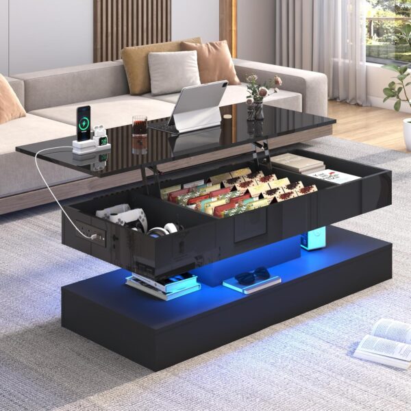 47.2" Large Lift Top Coffee Table,Modern High Glossy LED Coffee Tables for Living Room with Storage,Black Living Room Tables for Living Room,Dining Room,Bedroom Home Office,APP LED Lights - Image 7