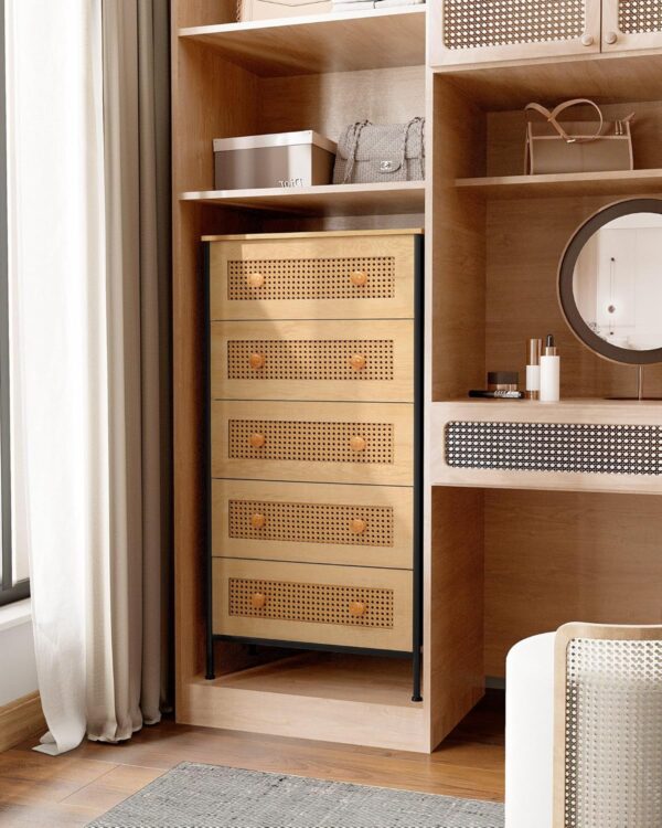 Crestlive Products Rattan Dresser Storage Tower, Tall Fabric Dresser, Chests of Drawers, Wood Top &Wood Handles - Organizer Unit for Bedroom, Hallway, Entryway, Closets - 5 Drawers (Natural) - Image 5