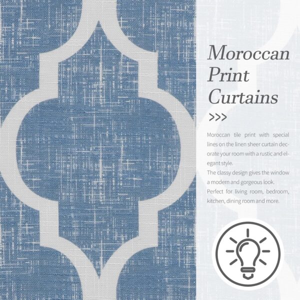 Beauoop Linen Semi Sheer Curtains 84 Inches Long 2 Panels for Bedroom Living Room Blue Moroccan Geo Farmhouse Light Filtering Privacy Textured Grommet Top Window Treatments Drapes, 50x84 2 Set - Image 6
