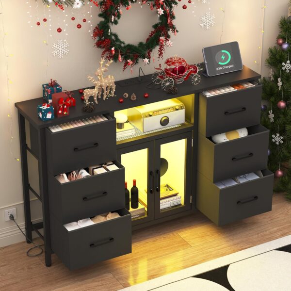 Dresser,Black Dresser for Bedroom Dresser TV Stand with Charging Station for 60" TV Long 6 Drawer Dresser for Bedroom with LED Light Large Fabric Dresser Organizer Unit Tall Chest of Drawers for Kids - Image 2