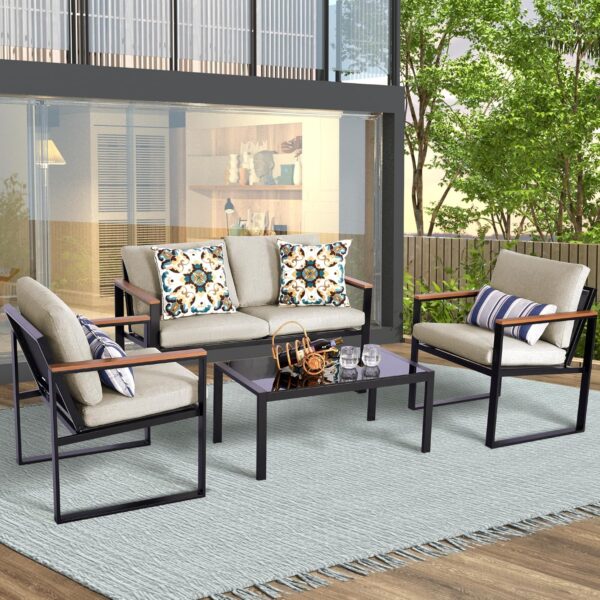 NATURAL EXPRESSIONS 4 Pieces Patio Furniture Sets,Metal Outdoor Patio Furniture Sets,Outdoor Sectional Furniture Patio Conversation Set,Wooden Anti-Scald Armrest,Sling Mesh,4" Olefin Cushions - Image 6