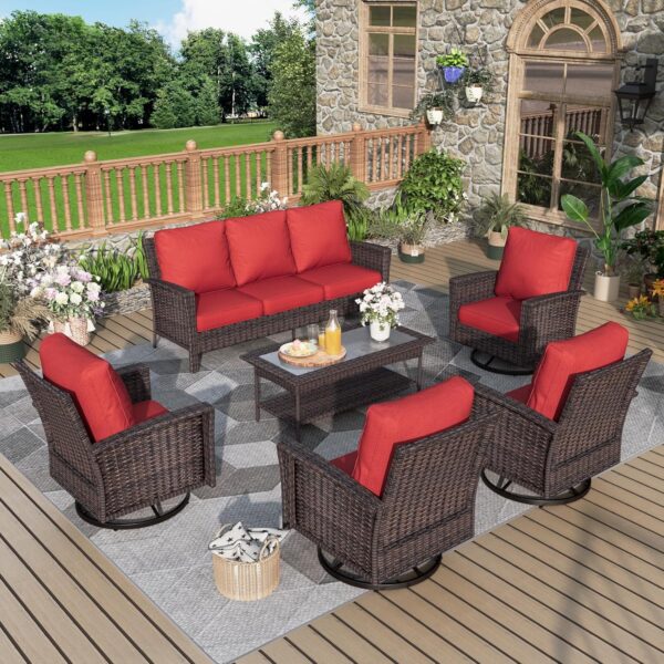6-Piece Patio Furniture Set, Oversized Outdoor Wicker Sofa with Swivel Chairs and Coffee Table, Sectional Rattan Outdoor Conversation Set for Poolside Backyard Deck, Red