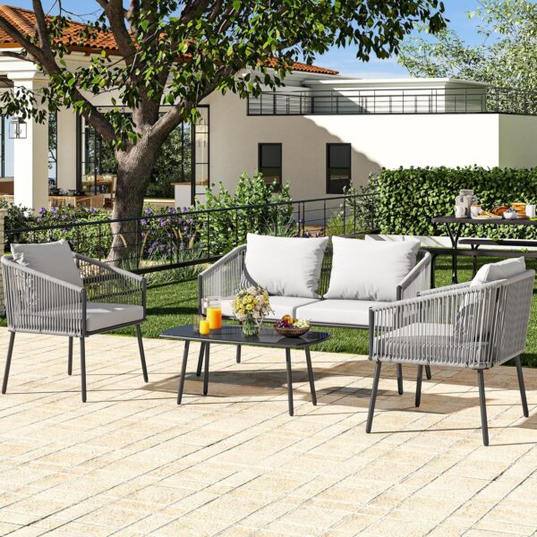 YITAHOME 4-Piece Patio Furniture Outdoor Bistro Set, All Weather Double Gray Rope Conversation Loveseat for Backyard, Balcony, Deck with Soft Cushions and Metal Table (Gray) - Image 4
