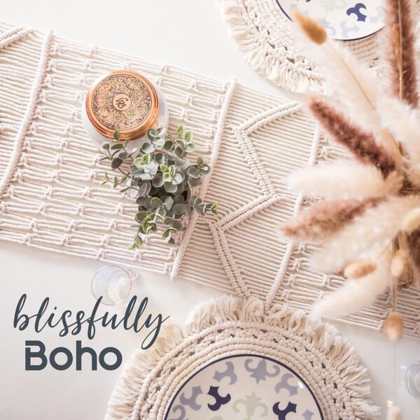 SnugLife Macrame Table Runner (112" x 13") Long | Boho Table Runner | Wedding Table Decor | Vintage Farmhouse and Bohemian Dining Room Style | Off White - Image 4