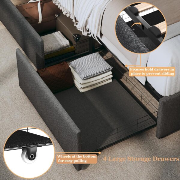 Queen Bed Frame with Storage Drawers, Upholstered LED Bed Frame Queen Size with Wingback Headboard, Platform Bed Frame with Storage, No Box Spring Needed, No-Noise, Easy Assembly - Image 5