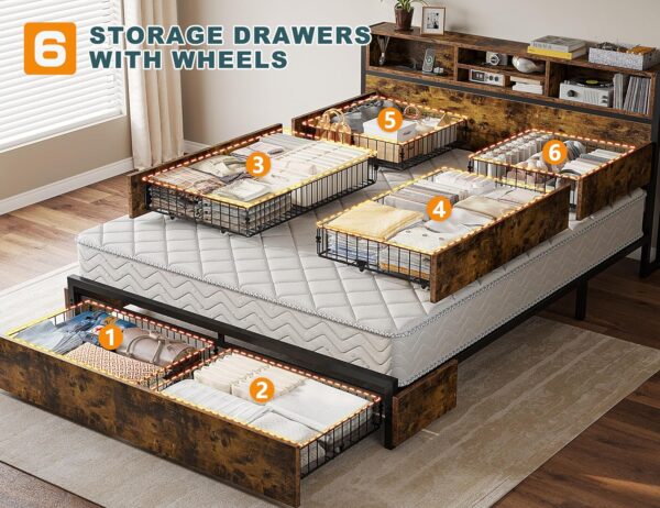 EnHomee Queen Bed Frame with 6 Storage Drawers Queen Bed Frame with Headboard Queen Size Bed Frame with Charging Station Queen Bed Frame with Storage No Noise,No Box Springs Needed,Vintage Brown - Image 4