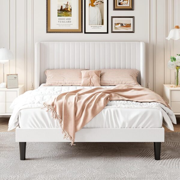 SHA CERLIN Queen Size Velvet Bed Frame with Vertical Channel Tufted Wingback Headboard, Upholstered Platform Bed with Wood Slats, No Box Spring Needed, Easy Assembly, White - Image 3