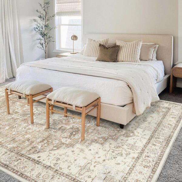 Boho Neutral Living Room Rug 5x7 Washable Vintage Rustic Earth Tone Modern Farmhouse Style Easy to Clean Stain Resistant Area Rugs for Dining Room,Light Tan Brown and Beige - Image 5