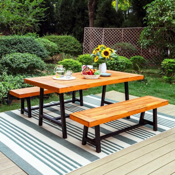 Outdoor Patio Dining set with Bench for 4, 3 Pieces Patio Outdoor Table Set Clearance for Backyard Deck Porch Outside, Acacia Wood Table and Benches Teak, Oil Finished & Spray Painted
