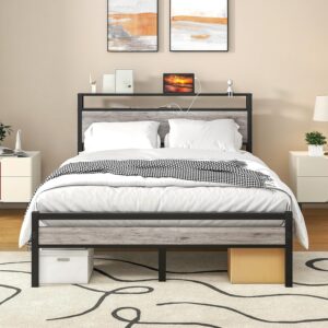HOJINLINERO Full Size Bed Frame with Storage Headboard/USB Charging Station,Metal Platform Bed Frame Full Size No Box Spring Needed,Noise-Free,Strong Steel Slats Support,Warm Grey