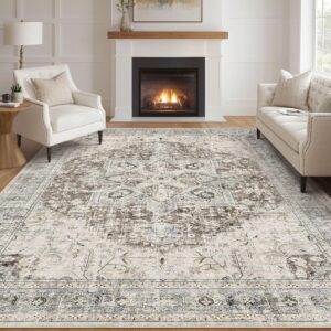 Area Rug Living Room Rugs - 8x10 Washable Boho Rug Vintage Oriental Distressed Farmhouse Large Thin Indoor Carpet for Living Room Bedroom Under Dining Table Home Office - Brown Blue