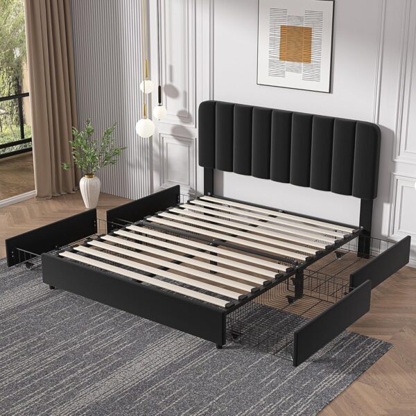 VECELO Queen Size Upholstered Bed Frame with 4 Drawers and Adjustable Headboard, Velvet Platform Storage Bedframe Mattress Foundation, Wooden Slats Support, No Box Spring Needed, Black - Image 6