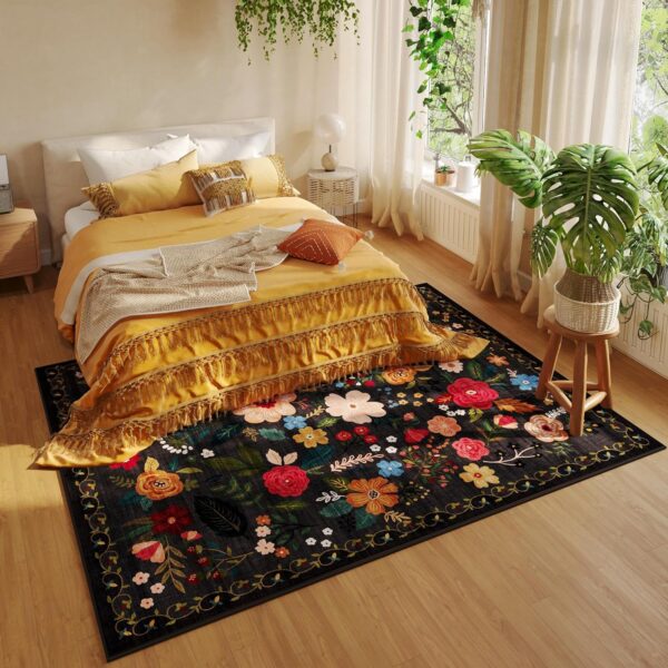 Living Room Rug 5x7 Rug Machine Washable Boho Area Rug Non Slip Floral Vintage Low Pile Large Rugs for Living Room, Bedroom, Farmhouse, Dining Room, Kids Playroom(Black) - Image 5