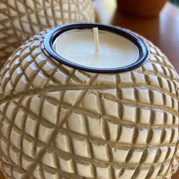 Luca Orb Candle Holders (Gift Boxed Set of 2), Table Centerpieces for Dining or Living Room, Spa, Bathroom, Kitchen Counter, Mantle or Coffee Table Decor (Grid Pattern, Beige and White) - Image 7