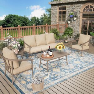 Patio Furniture Set, 2 x Windsor Seating Chair, 3-Seat Sofa with Wood Grain Coffee Table, Outdoor Sofa Conversation Set for Porch, Backyard, Living Room, Garden