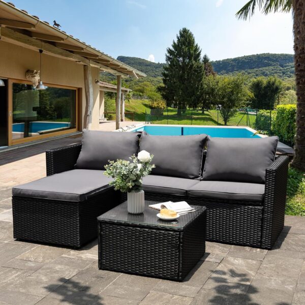Shintenchi Outdoor Patio Furniture Sets, Small Outdoor Sofa Patio Sectional Sets 3-Piece All Weather Wicker Rattan Patio Seating Sofas with Glass Coffee Table and Cushion (Grey) - Image 2