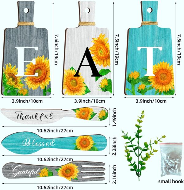 Set of 6 Sunflower Kitchen Decor Cutting Boards Dining Eat Signs Forks and Spoons Hanging Wooden Kitchen Wall Decor Dining Room Hanging Signs Rustic Farmhouse Kitchen Wall Art Decor (Gray，White，Blue) - Image 3