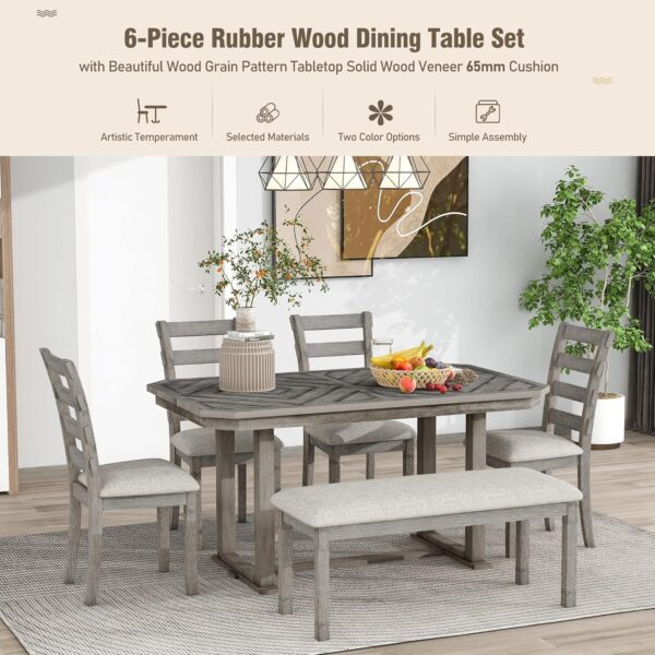 Merax 6-Piece Rubber Wood Dining Table Set with 4 Cushioned Chairs and Bench, Beautiful Wooden Grain Pattern Tabletop, Grey - Image 5