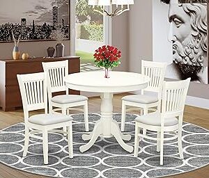 East West Furniture ANVA5-LWH-C 5 Piece Dining Room Table Set Includes a Round Kitchen Table with Pedestal and 4 Linen Fabric Upholstered Dining Chairs, 36x36 Inch, Linen White