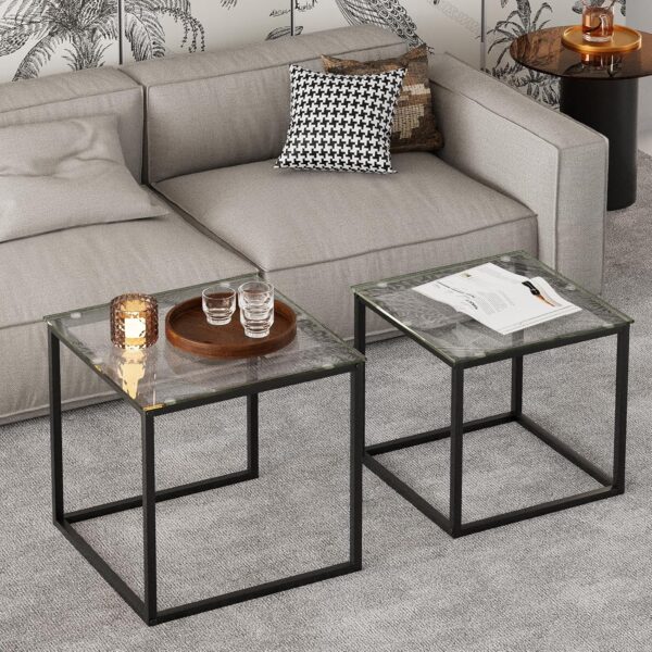 VILAWLENCE Coffee Table Set of 2, Modern Black Glass Side Table, Metal Frame Square End Table, Center Tables,Nesting Coffee Table for Living Room,Bedroom and Small Spaces - Image 7