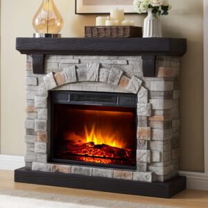 Electric Fireplace with Mantel, 40”W Faux-Stone Fireplace Mantel，Tall Fire Place Heater Freestanding with LED Flame for Living Room Bedroom, 40”Wx12”Dx35”H, Gray