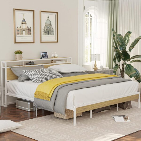LIKIMIO Queen Bed Frame, Platform Bed Frame with 2-Tier Storage Headboard and Strong Support Legs, More Sturdy, Noise-Free, No Box Spring Needed, White and Log