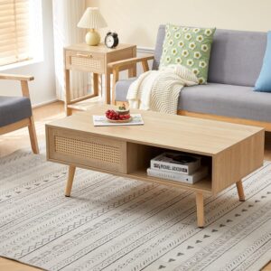 Boho Coffee Table for Living Room, 41.3" Rattan Coffee Table with Sliding Doors & Open Storage Shelf, Mid-Century Center Table for Small Space, Natural