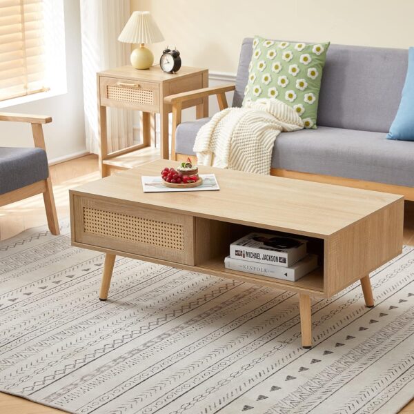 Boho Coffee Table for Living Room, 41.3" Rattan Coffee Table with Sliding Doors & Open Storage Shelf, Mid-Century Center Table for Small Space, Natural