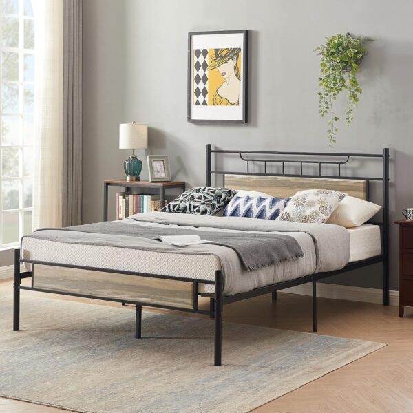 VECELO Queen Size Bed Frames with Wood Headboard,Strong Metal Slats Support for Platform,No Box Spring Needed,Easy Assembly,Slate Grey - Image 3