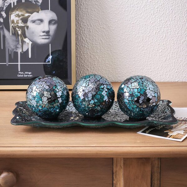 KMwares 12.4” Mosaic Glass Decorative Tray Dish Plate with 3pcs 3" Decorative Orbs Balls Sphere Decor for Living Room or Dining Coffee Table Mantle Decor Centerpiece (Turquoise) - Image 4