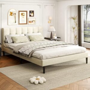 Queen Bed Frame, Platform Beds with Upholstered Headboard, Mattress Foundation with Wooden Slats Support, Easy Assembly, Noise Free, No Box Spring Needed, Beige Velvet