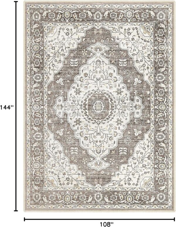 Vintage Washable Area Rugs for Living Room 9x12: Large Soft Low Pile Rug for Bedroom Dining Room Rugs for Under Table - Indoor Foldable Accent Print Distressed Carpet - Brown - Image 2