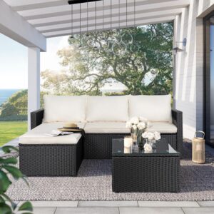 SUNLEI Patio Furniture Set with Detachable Soft Cushions, All Weather Outdoor PE Rattan Patio Conversation Sofa Set, 3-Piece Patio Sectional Sofa with Glass Coffee Table & Ottoman, Black Rattan/Grey