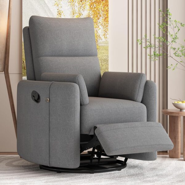 Rocking and Swiveling Recliner Chair with Detachable Pillows and Extended Footrest,Curved Ergonomic Armrests Linen Fabric and Iron Frame,Dark Gray - Image 4